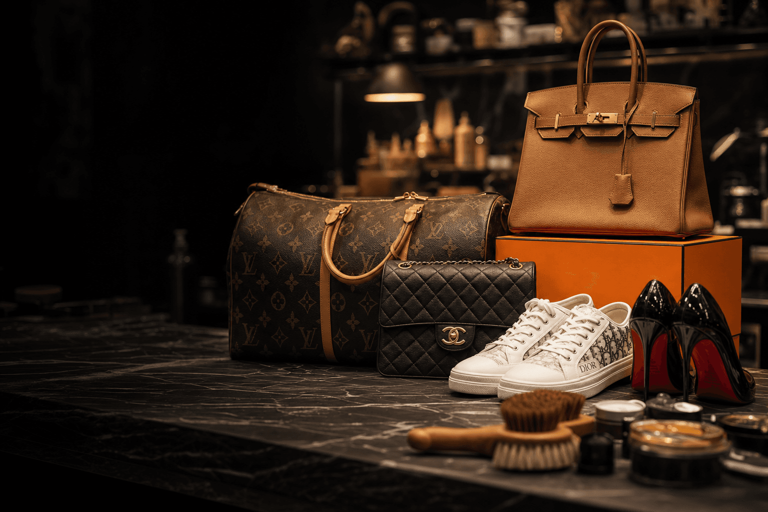 Louis Vuitton, Chanel, Hermès, Dior, Christian Louboutin, and Loro Piana designer pieces in a luxury restoration atelier